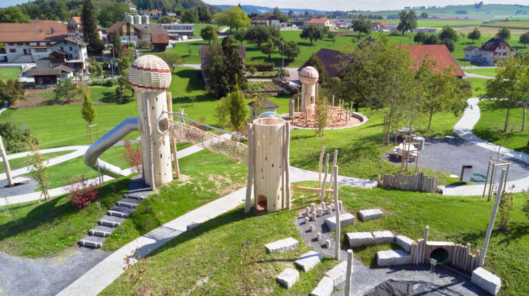 Dienstleistung Spielplatzplanung: Schulanlage Rickenbach, Überblick Spielbereiche. Luftaufnahme.