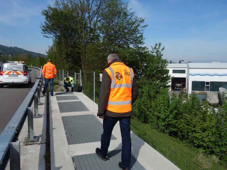 Begehung der Havariebecken. Die Absetzbecken befinden sich am Strassenrand der Hang abfallenden Seite. Trotz Absetzwirkung gelangt dennoch belastetes Strassenabwasser in den Vorfluter.