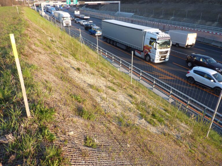 Netzsicherung der frisch bepflanzten Böschung. Am Fusse der Autobahnböschung fliesst der Verkehr.