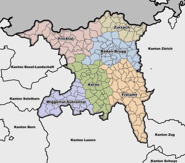 die sechs RVK-Regionen im Kanton Aargau